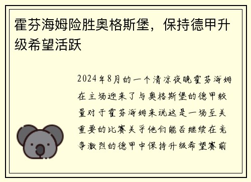 霍芬海姆险胜奥格斯堡，保持德甲升级希望活跃