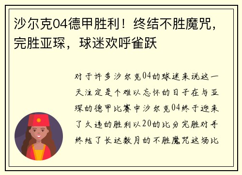 沙尔克04德甲胜利！终结不胜魔咒，完胜亚琛，球迷欢呼雀跃