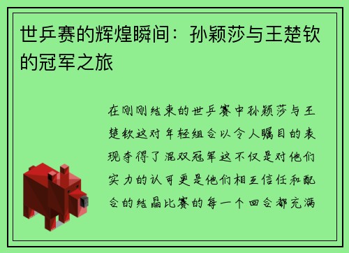 世乒赛的辉煌瞬间：孙颖莎与王楚钦的冠军之旅