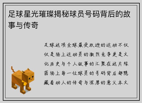 足球星光璀璨揭秘球员号码背后的故事与传奇