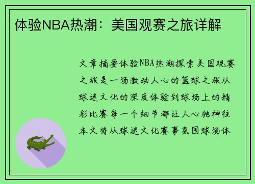 体验NBA热潮：美国观赛之旅详解
